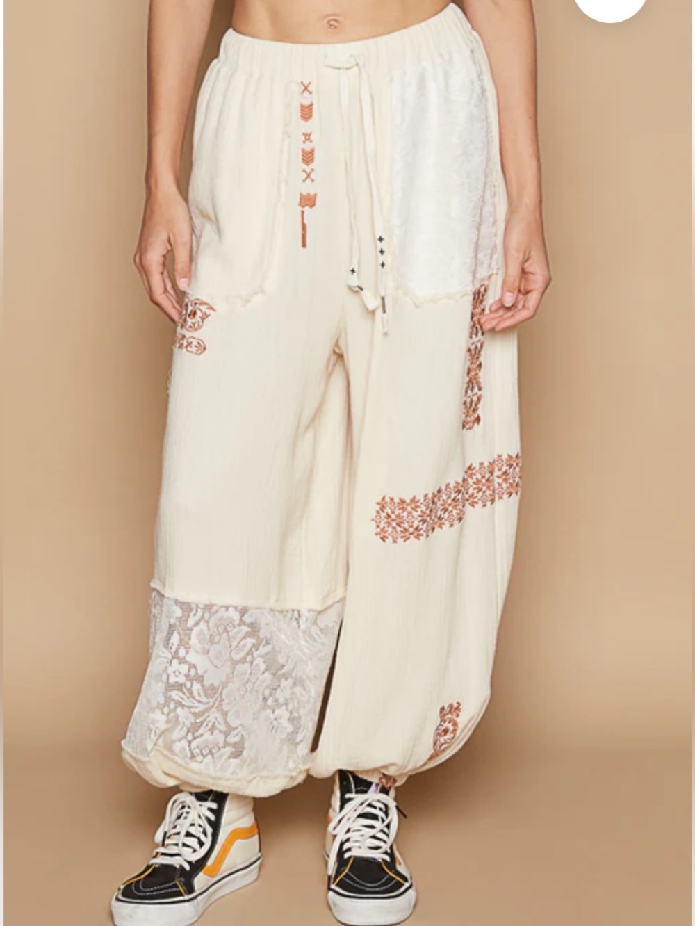 POL Cream Gauze & Lace Slouchy Patchwork Jogger NWOT